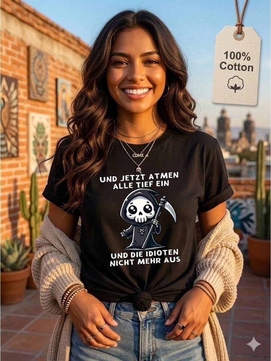 Humorous Grim Reaper T-Shirt: Dark Cotton T-Shirt With Grim Reaper Graphic And Humorous Lettering, Gothic Short Sleeve T-Shirt, Casual And Durable Top For Everyday Wear - 黑色 - 查看 1
