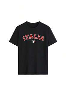 Italian-Style Varsity Tee - Aesthetic Varsity Tee With Bold Red Lettering And Italian Flag Patch | Essential Streetwear Piece, Easily Creates A Cool Look | Retro European-Style Top, Perfect For City Walks, Summer Vacations, And Casual Everyday Wear. Black - 黑色 - 查看 2