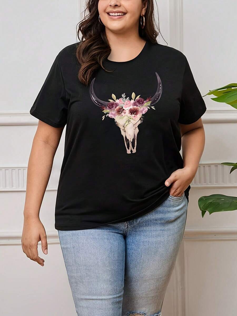 Women's Casual Cotton T-Shirt With A Round Neck And Patriotic Bull Head Print - Casual, Comfortable, Loose Fit, Suitable For Independence Day, Machine Washable. Simple T-Shirt For Everyday Wear. - 黑色 - 查看 1