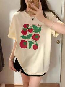 Women's Cotton T-Shirt, Round Neck, Casual. Short-Sleeved Summer T-Shirt For Women With A Tomato Print, Versatile, Loose Fit, Round Neck, Y2K Style. Simple T-Shirt For Everyday Wear. - 杏色 - 查看 7