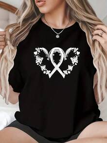 White T-Shirt With Butterfly, Heart And Flower Print, Short Sleeve, Round Neck, Casual Summer Blouse With Vintage Urban Aesthetic Style, Unisex, Cotton, Loose Fit - 黑色 - 查看 2