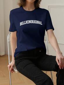 BELLKEN ORIGINAL 女款拱形字母印花短袖T恤，藏蓝色宽松圆领休闲百搭基础款上衣，显瘦百搭韩版夏季款 - 藏藍 - 查看 8