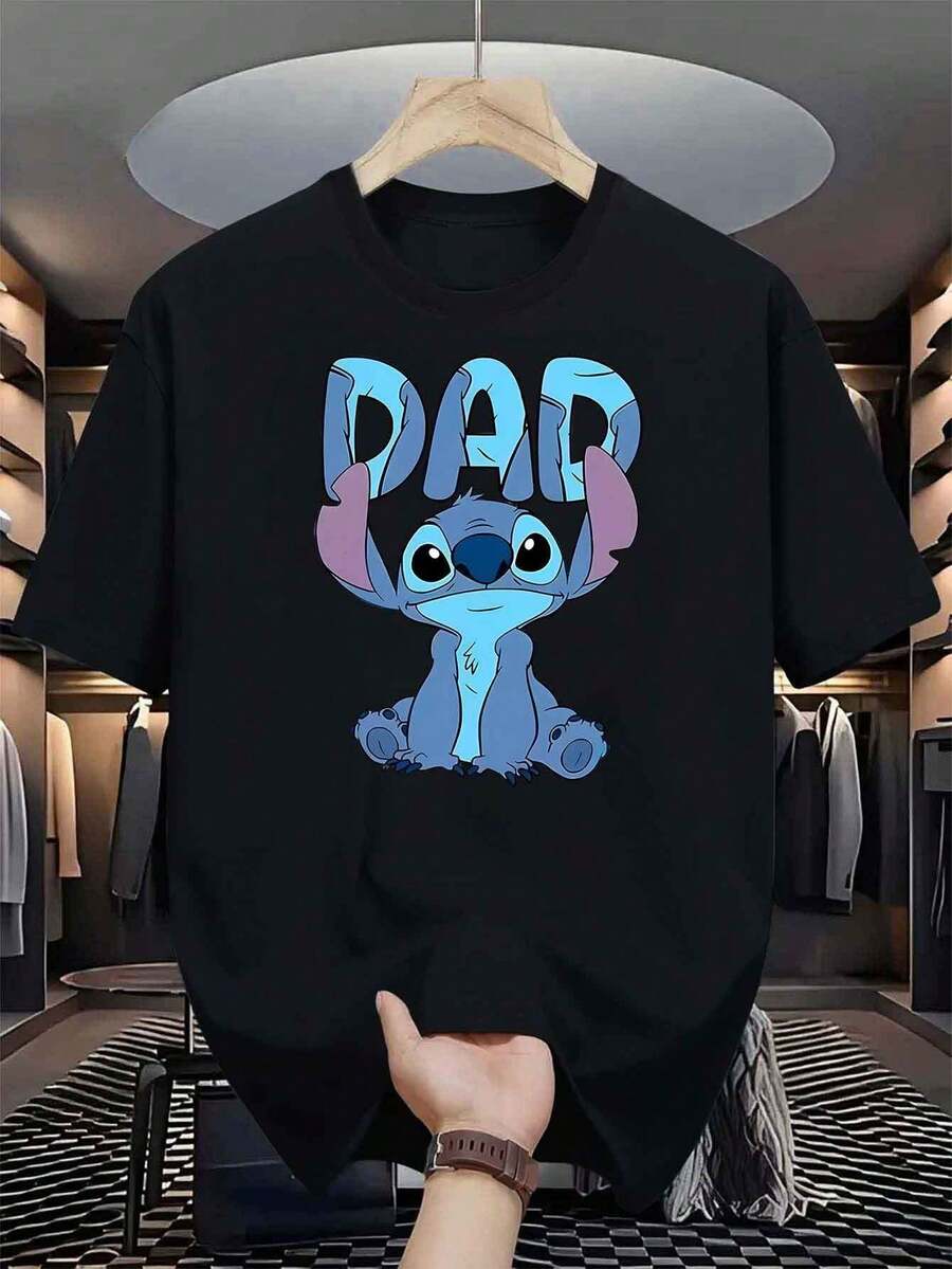 Disney Lilo & Stitch "DAD" Themed Graphic PrintMade From Soft, Comfortable, And Durable Pure Cotton, This Is An Ideal Choice For Spring And Summer. This Crew Neck T-Shirt Is Suitable For Various Occasions, Including Everyday Wear, Shopping, Parties, Travel, And Gatherings, And Also Makes A Thoughtful Gift. - màu đen - Xem 1