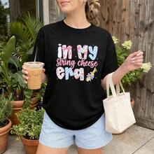 Women's Cotton T-Shirts, N My String Cheese Era Graphic T-Shirt For Women - Short Sleeve Crew Neck Printed T-Shirt, Casual, Lightweight, Comfortable And Stylish, For Everyday Wear, Basic Summer T-Shirt For Women. - 黑色 - 查看 5