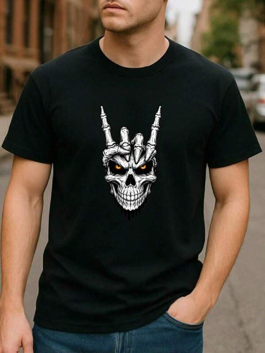 Camiseta unisex de manga corta, CalaveraMetalGestoRocaOscuroEstiloCreativoImprimirCamisetaInformalPara todas las estacionesTripulaciónCuelloMedianoEstiramientoTelaVersátilDiarioSuperiorParaCamisetas de hombrehombre, , , Dazymujer,romwehombres, bohochic,maestrasregalos,camisetaparaconjuntos de mujercon curvasparamu,y2k, - Negro - Ver 1
