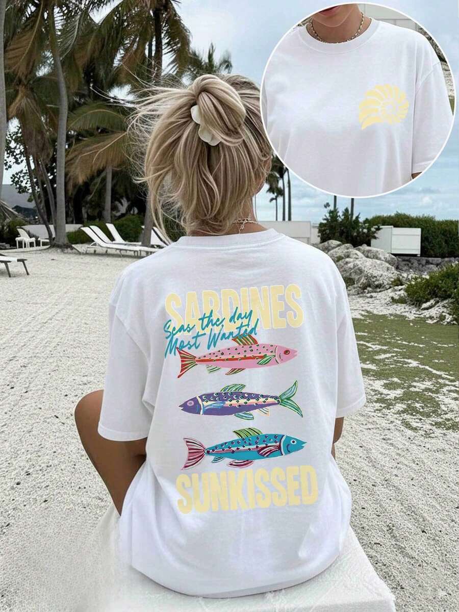 Women's Loose-Fitting Short-Sleeved T-Shirt, Retro And Vibrant Style, 100% Cotton, With A Double Print Of Sardines And Seashells In Three Colors On The Front And Back, Inspired By A Sunny Day At The Beach. Breathable T-Shirt For Summer Beach Vacations, With A Letter Print, For Adult Women, Short-Sleeved And Fashionable, Made Of Breathable Fabric, Suitable For Back-To-School Outfits, Ideal For Outdoor Wear, Perfect Gift. - 白色 - 查看 1