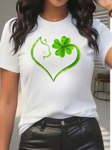 Women's Casual And Modern Style T-Shirt With Lucky Clover And Cat Heart Design, Summer Clothes, Gift For Friends And Family, Daily Wear - 白色 - 查看 6