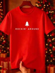 100% Cotton Christmas Tree Rockin' T-Shirt. Quality Fabric, Casual, Comfortable, Durable, And With A Unique Graphic Print. Women's Simple Solid Color T-Shirt, Loose And Slim Fit Casual Short Sleeve - 紅色的 - 查看 3