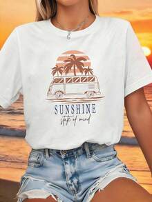 2026 New Cotton Shirt - 100% Cotton - Size - A Stylish And Casual Women's Crew Neck T-Shirt With A Retro Caravan And Palm Tree Design, Perfect For Spring And Summer. Ideal For Everyday Wear, Shopping, Parties, And Commuting. Women's Simple Solid Color Shirt, Loose And Casual Short Sleeve - 白色的 - 查看 6