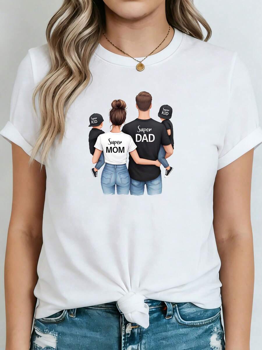 New 2026 Collection: Elegant Women's Cotton T-Shirt With Illustration Print On The Back: SuperMOM / SuperDAD / SuperBOY. Plus Sizes. Comfortable Short-Sleeve T-Shirt For Women, Spring-Summer. Perfect For Family Outings, Family Gatherings, Everyday Wear, And Family Photo Shoots. - 白色 - 查看 1