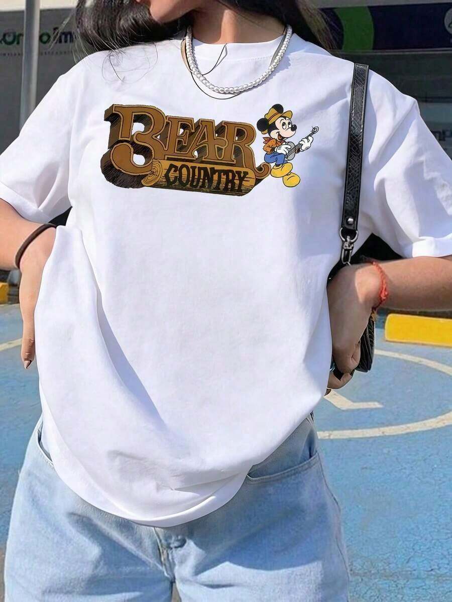 Officially Licensed, Women's Casual Cotton T-Shirt With Round Neck And Short Sleeves, Bear Country Print, Regular Fit, Breathable And Lightweight, Suitable For Sports And Casual Wear, Ideal For Gifts, Suitable For Parties. - 白色 - 查看 1