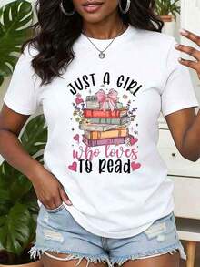 Women's Blouses, 1 Piece, Women's T-Shirt With "I'm Just A Girl Who Loves To Read Books" Print, Bow And Flowers, Round Neck, Short Sleeve, Casual Style For Daily Wear, Gift, 220g/180g, 100% Cotton, Eurumuse - 白色的 - 查看 12