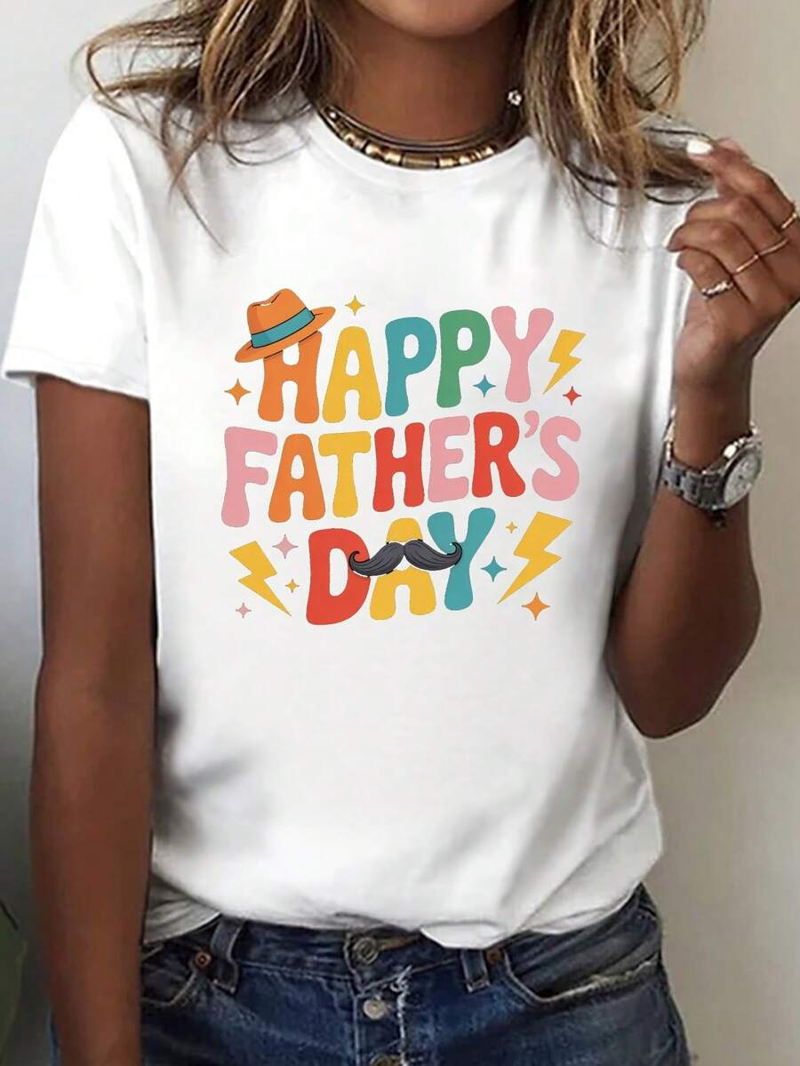 Vintage Print T-Shirt For Father's Day, Short Sleeve And Round Neck Design, Suitable For Casual Wear In Spring And Summer, Exclusively For Women. Elegant Party Outfit, T-Shirt For Elegant Ladies, Blouses Suitable For Curvy Women, Casual Wear, Cool And Sweat-Free Summer Clothing, Fun Letter Print. - 白色 - 查看 1
