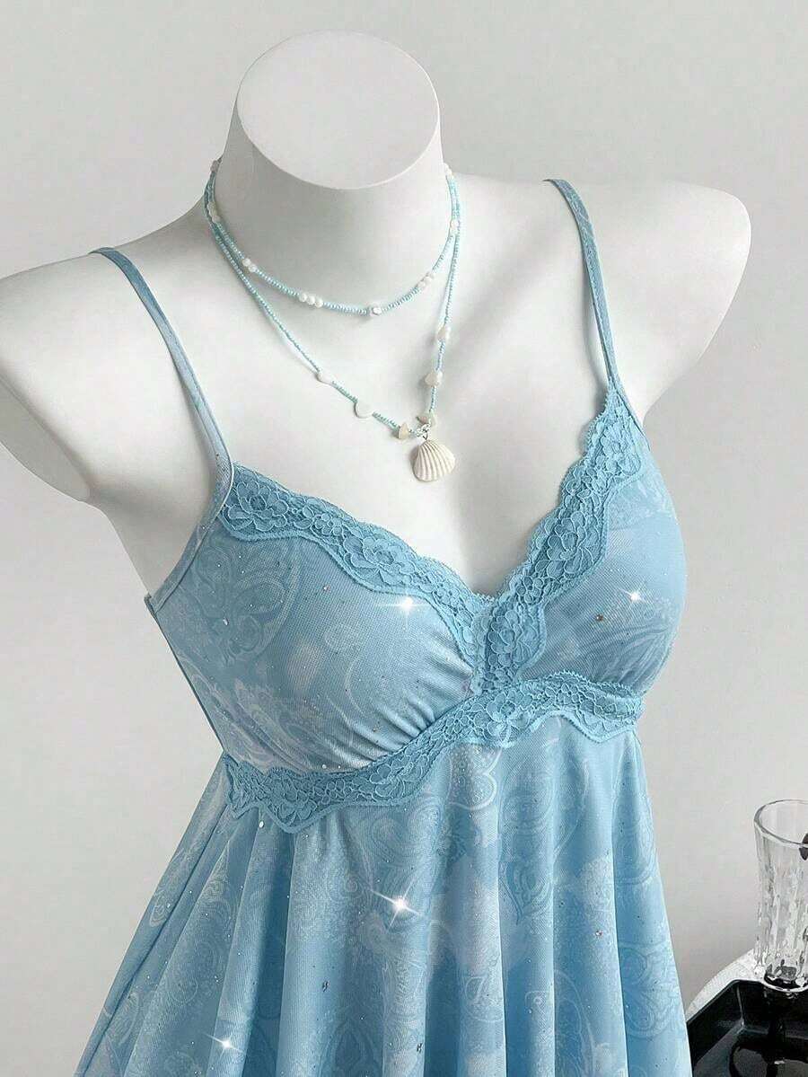 Top de mujer con estampado de leopardo y dobladillo asimétrico con encaje - Azul 3 - Ver 1