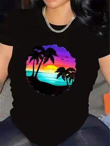 Plus Size Women's Casual Short-Sleeved T-Shirt With Print And Round Neck, Retro Palm Tree And Sunset Beach Design, Ideal For Valentine's Day, Easter And Football Lovers. - 黑色 - 查看 1