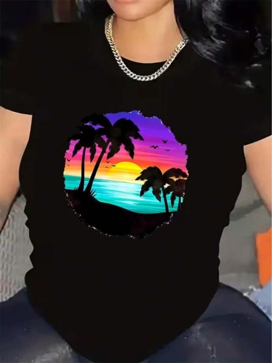 Plus Size Women's Casual Short-Sleeved T-Shirt With Print And Round Neck, Retro Palm Tree And Sunset Beach Design, Ideal For Valentine's Day, Easter And Football Lovers. - 黑色 - 查看 1
