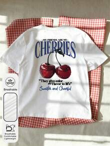 Plus Size Women's Cherry Print Round Neck Short Sleeve Casual Retro Style White T-Shirt, Summer - White - View 2