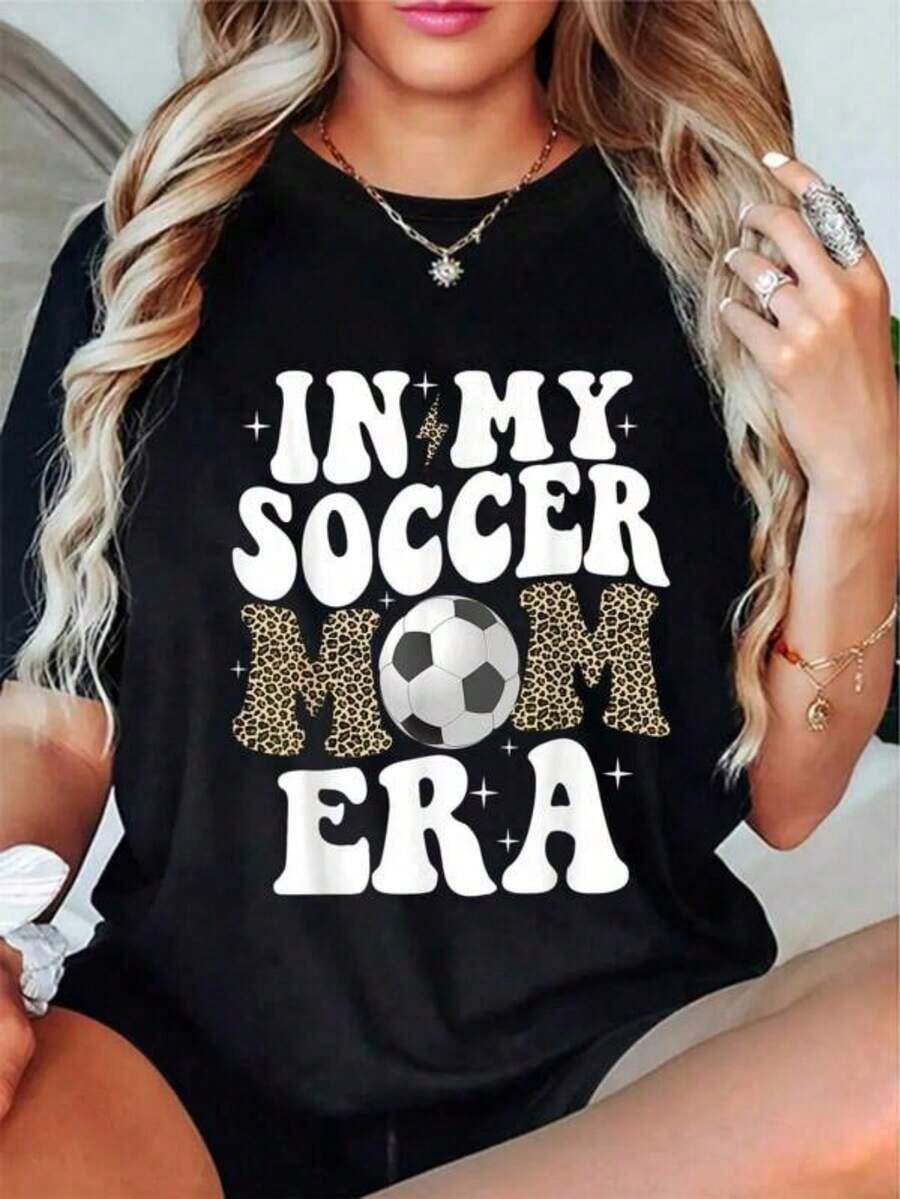 Women's T-Shirt 100% Cotton T-Shirt For Soccer Mom With Leopard Print, 'In My Soccer Mom Era' T-Shirt - 黑色 - 查看 1