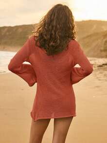 Vestido de playa de punto semitransparente y ligero para vacaciones - Rojo - Ver 2