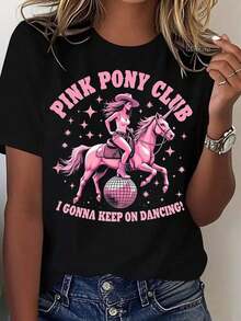 Women's Black Short-Sleeved T-Shirt, 100% Pure Cotton, By Wo's. "Pink Pony Club" Design – A Girl Riding A Pink Unicorn On A Disco Ball, Retro Pop Art Style For Parties And Music Festivals. This Casual Crew Neck T-Shirt Is Designed Specifically For Women And Is Machine Washable, Making It Perfect For Everyday Casual Wear And Holidays. Great Gift Idea! - 黑色 - 查看 7