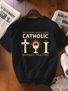 Camiseta de Algodón para Mujer, Diseño Simple y Versátil, Estampado Católico con Cruz, Manga Corta, Cuello Redondo, Estilo Casual para Primavera y Verano - Negro - Ver 7
