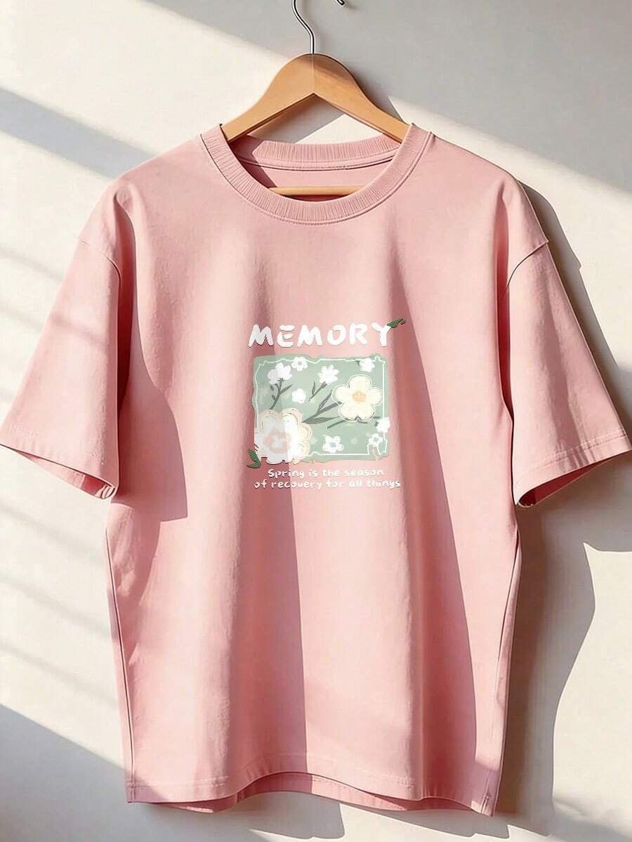 Floral T-Shirt With The Text "MEMORY". Short-Sleeved T-Shirt For Spring And Summer 2026, Made In Mexico, 180 Grams. Cartoon Print, Couple Design, Suitable For Indoor Or Outdoor Wear. Crew Neck, Unisex, Ideal For The Office And Leisure. One-Pack. - PK-P631577SLNDXZGY582 - 查看 1