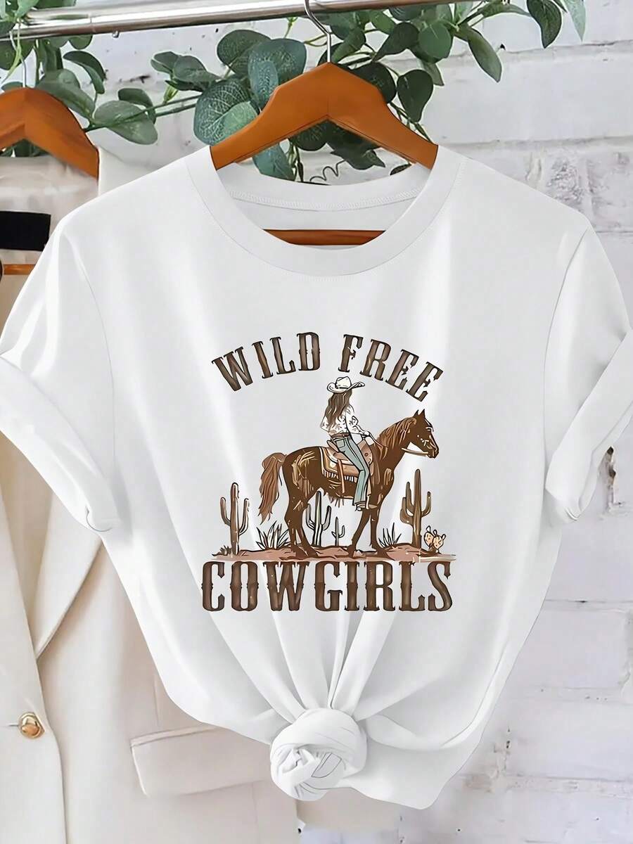 Women's Casual Summer T-Shirt, Western Cowgirl Print, American Retro Style, Short Sleeve T-Shirt For Women, Versatile Casual Spring/Summer Top, Unique Ranch Girl Style, Simple Round Neck, Comfortable And Breathable. - 白色 - 查看 1