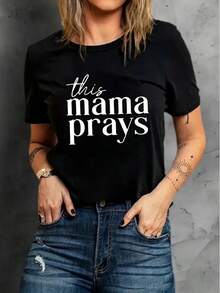 Playeras de mujer en algodón puro, manga corta cuello redondo, estampado this mama prays, estilo casual para verano, diseño inspirador - Negro - Ver 1