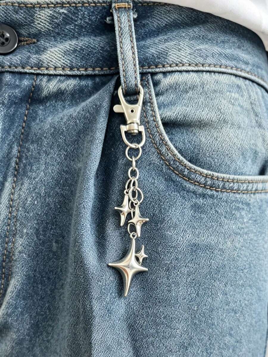 1pc Creative Four-Pointed Star Pants Chain, Keychain Pendant, Alloy Star Moon Decor For Phone/Bag, Suitable For Daily Wear - Silver - View 1