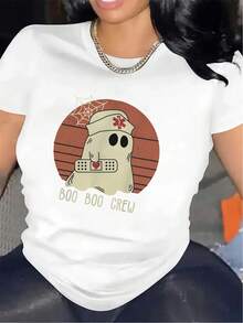 Women's T-Shirt - Halloween Nurse T-Shirt In Black And White - Soft Polyester Short-Sleeve T-Shirt With BOOBOOCREW Design, Ghost And Bat Print, Lightweight And Breathable Fabric Suitable For Costume Parties And Daily Wear, Indoor Gatherings, Festive Outfits, Bat Print, Comfortable Fit, Durable T-Shirt, Printed T-Shirt, Casual Wear, Party Attendant T-Shirts For Women. - 白色 - 查看 1