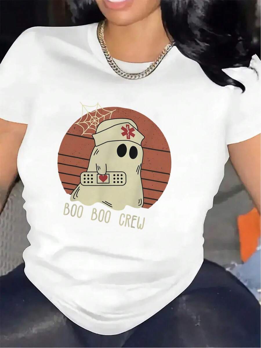 Women's T-Shirt - Halloween Nurse T-Shirt In Black And White - Soft Polyester Short-Sleeve T-Shirt With BOOBOOCREW Design, Ghost And Bat Print, Lightweight And Breathable Fabric Suitable For Costume Parties And Daily Wear, Indoor Gatherings, Festive Outfits, Bat Print, Comfortable Fit, Durable T-Shirt, Printed T-Shirt, Casual Wear, Party Attendant T-Shirts For Women. - 白色 - 查看 1