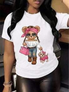 1pc Ladies Cute Graphic T-Shirt Doll And Dog Relaxed Round Neck Short Sleeve Spring/Summer Daily Wear Soft T-Shirt - Putih - View 1