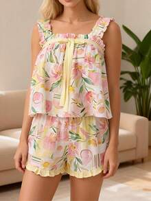 Women's Floral Print Ruffled Cami  Shorts Loungewear Set, Square Neck Bow Detail Pajama Set - Yellow - View 2