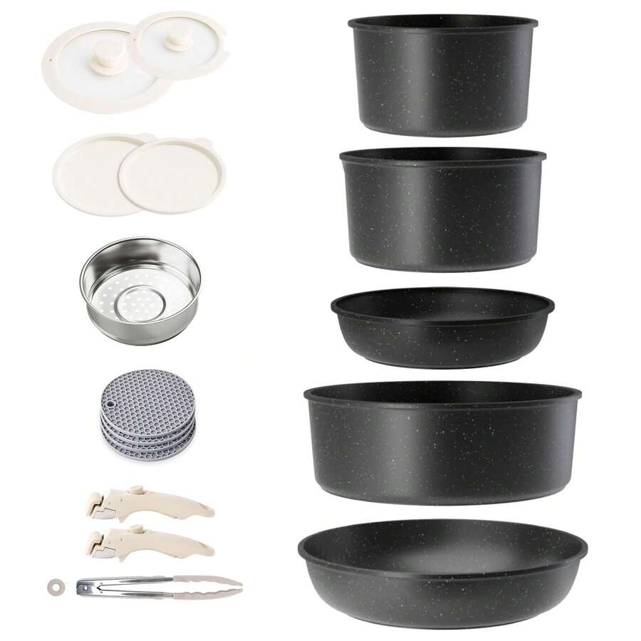 RIOVARM Induction Non Stick Frying Pan And Pot Set With Lids, Granite Cookware Set With Detachable Handles, Stackable Kitchen Cookware With Removable Handles, Camping Frying Pan Set - View 1