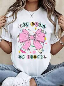 Women's T-Shirt, Girls' T-Shirt, Graphic T-Shirt With Pink Bow "100 Days Of School" For Kids And Teachers, Celebration T-Shirt With Adorable School Design, Colorful Elements And Educational Icons, Perfect For School Parties Or School Events - 白色 - 查看 7