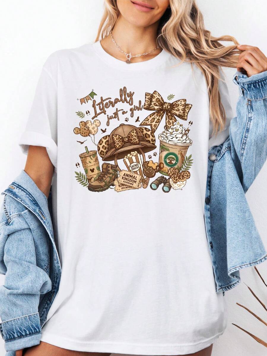 Disney Safari Shirt, Disney Literally Just A Girl T-Shirt, Leopard Print Coquette Bow Sweatshirt, Safari Snacks Tee, Adventure Apparel Sweat Disney Oversized T-Shirt - 白色 - 查看 1