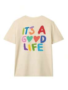 Women's Short-Sleeved T-Shirt With A Round Neck And Colorful Slogan Print, A New Summer Style Suitable For Everyday Wear. Vacation Graphic T-Shirt For Women, White Top For Women - 杏色 - 查看 4