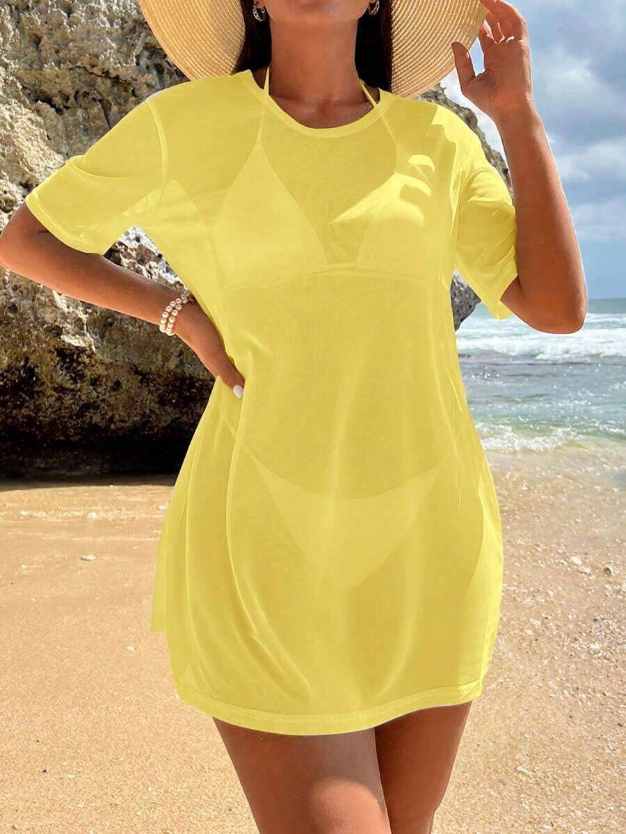Swim Vcay Encubrimiento de playa para vacaciones de verano de unicolor transparente y de moda para mujer - Amarillo - Ver 1