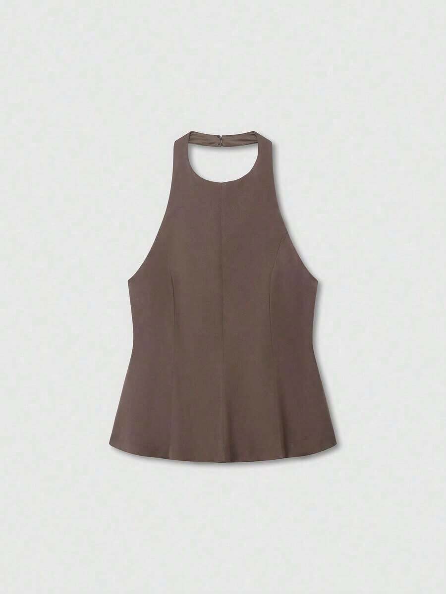 Top sin mangas de cuello halter de unicolor minimalista para mujer, rosa, de verano - Marrón - Ver 1