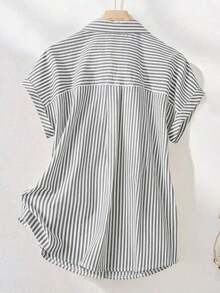 Camisa de manga corta a rayas vintage, de moda para ir al trabajo en verano - Blanco y Negro - Ver 2