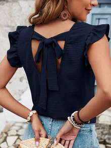 Blusa de verano para mujer con volantes y tirantes cruzados en la espalda de un solo color - Azul marino - Ver 3