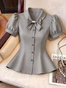CURVE Blusa de manga de pétalo con lazo decorativo, casual/para el trabajo, talla grande de verano - Gris - Ver 8