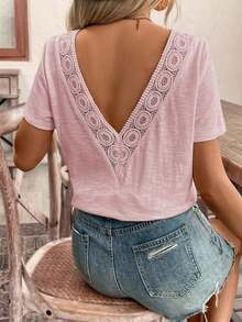 Frenchy Top amarillo con encaje y espalda descubierta, camiseta, imprescindible, conjunto de verano, imprescindible de la temporada de bodas, estilo francés - Rosa Pálido - Ver 4