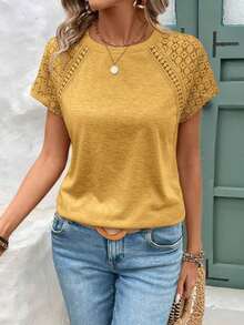 Elegante Camiseta Ajustada Con Patchwork De Encaje Y Manga Corta - Amarillo - Ver 7