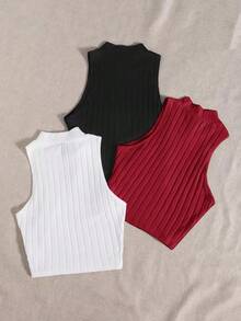 Top de tanque casual sólido de cuello redondo acanalado para el verano - Multicolor 3 - Ver 2
