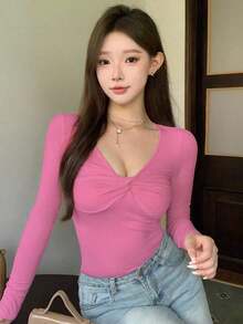 Camiseta básica de manga larga con cuello en V, nudo y ajuste ceñido para mujer, tops de otoño - Rosa - Ver 5