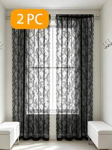 2 buah Tirai Renda Transparan untuk Kamar Tidur, Tirai Bermotif Bunga dengan Tepi Bergelombang Gaya Victoria yang Elegan; Tirai Dapur; Tirai Semi-Transparan; Bahan Poliester, Cocok untuk Tirai Ruang Tamu dan Ruang Makan - Hitam - View 14