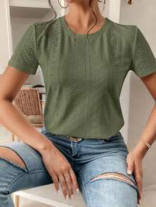 Camiseta blanca de cuello redondo con bordado de ojales, minimalista para ir a la oficina, estilo antiguo y sencillo - Verde militar - Ver 3