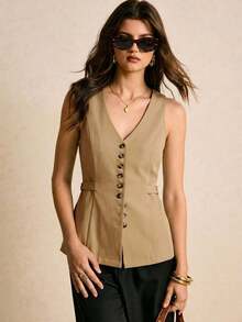 Camiseta sin mangas ajustada de mujer con cuello en V y botones delanteros de unicolor - Caqui - Ver 4