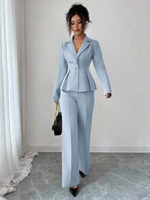 con cintura ceñida elegante, pantalones slim con vuelo de moda para ir al trabajo, atuendo para vacaciones/citas, Día de la Independencia, atuendo de maestra para mujeres - Celeste - Ver 5